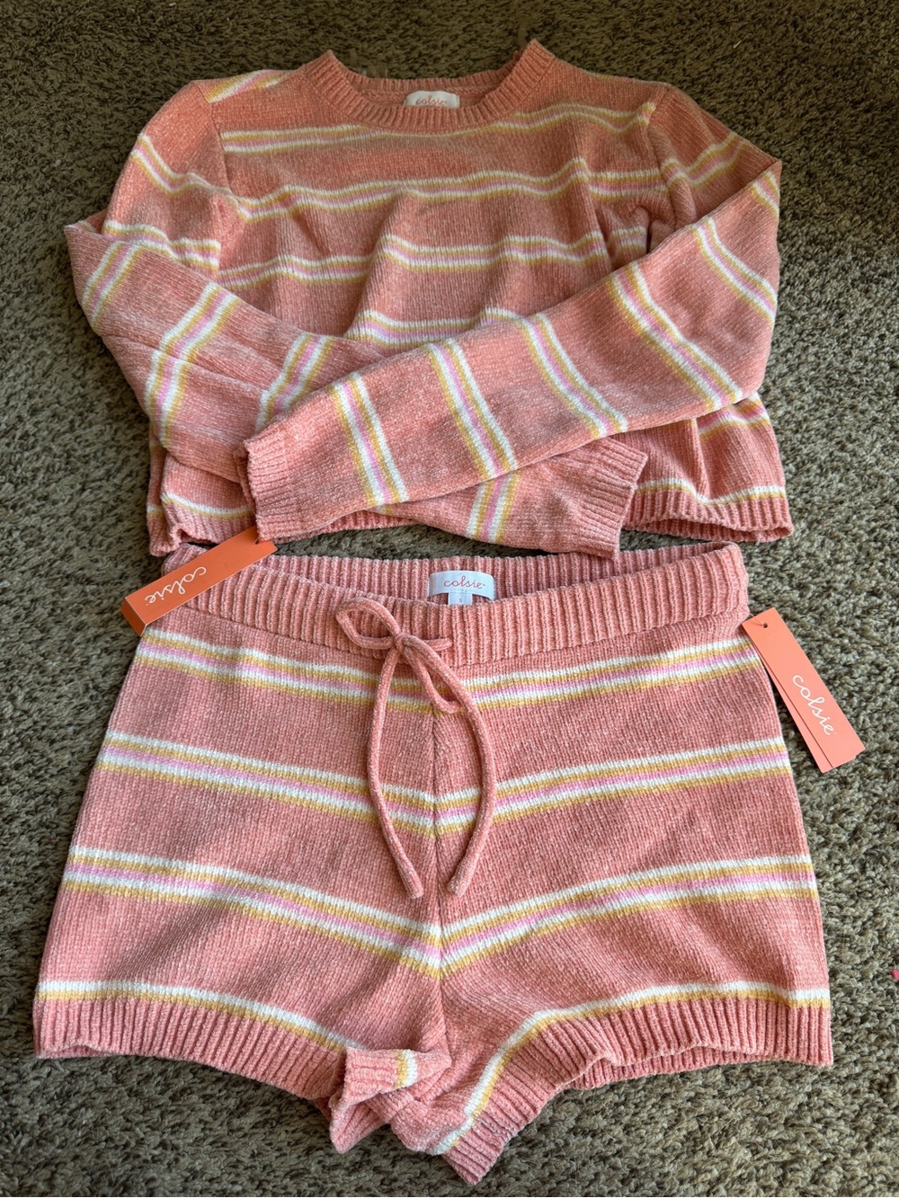 Cozy Pink Stripe Knit Lounge Set - Top & Shorts